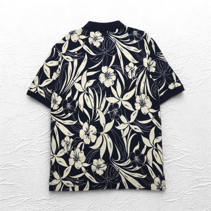 NAUTICA ポロシャツ XL ネイビー コットン 総柄 ハイビスカス 花 ビッグサイズ