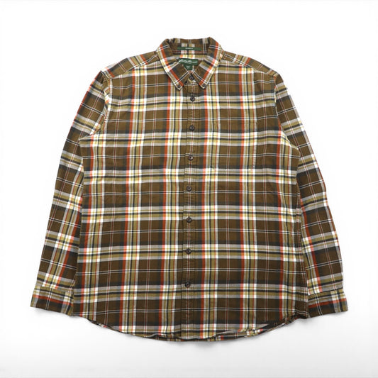 Eddie Bauer ボタンダウン フランネルシャツ L ブラウン チェック RELAXED FIT 胸ポケット 7709