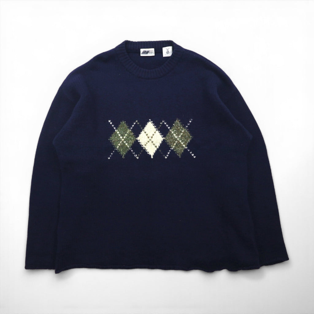 90s Vintage Shetland Wool Sweater, Argyle Pattern, XL, Navy, BULL HEAD SHETLAND, Wool