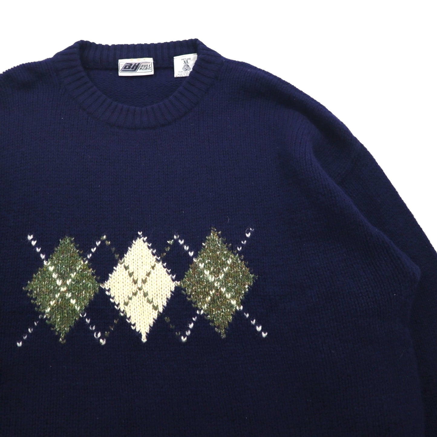 90s Vintage Shetland Wool Sweater, Argyle Pattern, XL, Navy, BULL HEAD SHETLAND, Wool