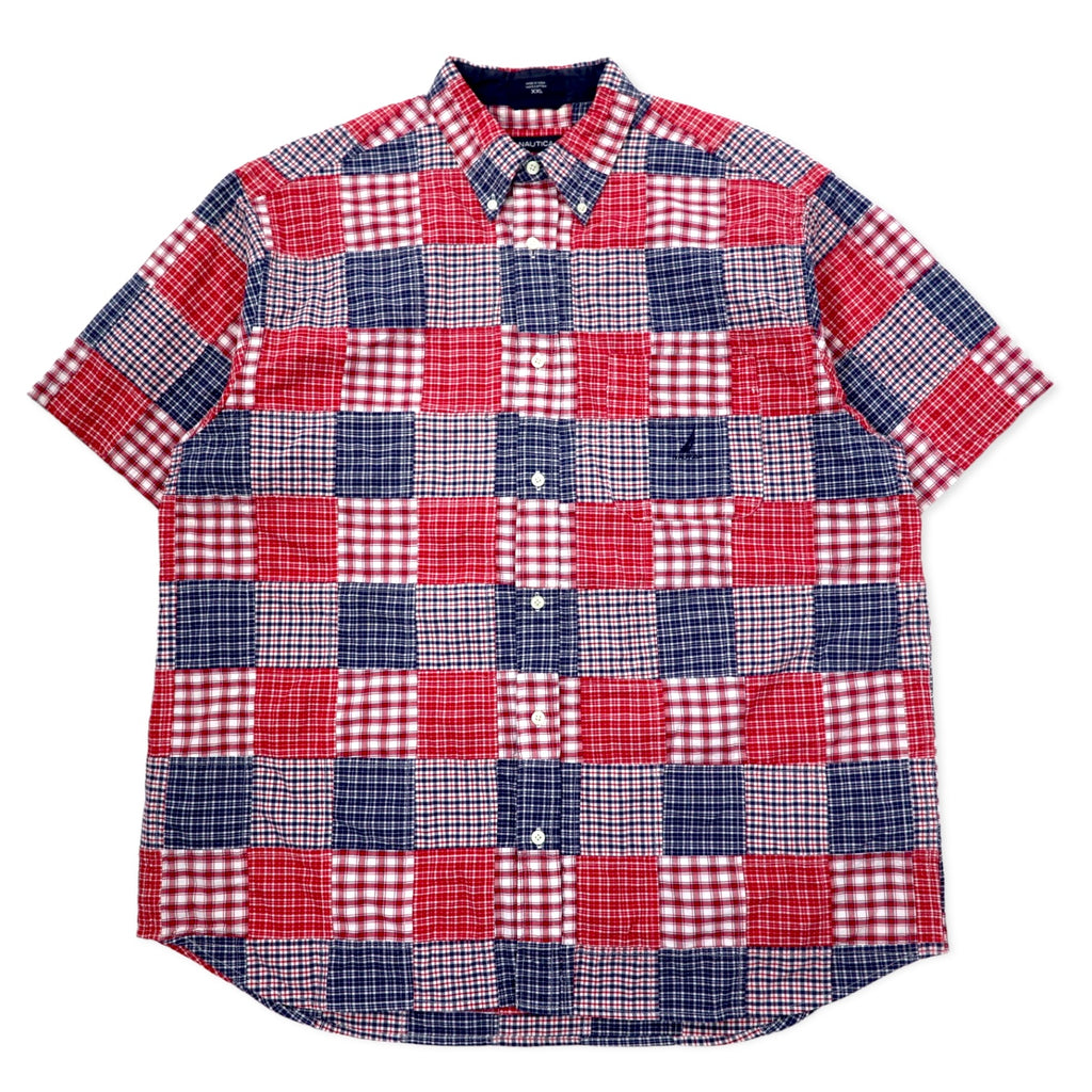 日本然リトテ-古着オンライン-NAUTICA パッチワーク ボタンダウンシャツ 半袖 XXL マルチカラー チェック コットン ワンポイントロゴ刺繍 ビッグサイズ-NAUTICA Patchwork button-down Shirts Short Sleeve XXL multi color Checked Cotton One Point Logo Embroidery Big Size