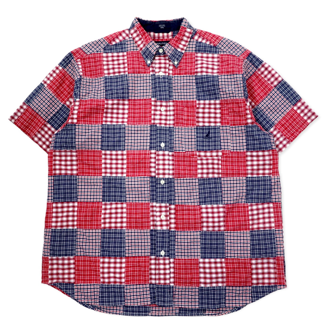 日本然リトテ-古着オンライン-NAUTICA パッチワーク ボタンダウンシャツ 半袖 XXL マルチカラー チェック コットン ワンポイントロゴ刺繍 ビッグサイズ-NAUTICA Patchwork button-down Shirts Short Sleeve XXL multi color Checked Cotton One Point Logo Embroidery Big Size