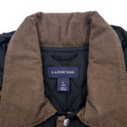 LANDS' END quilted jacket L black polyester detachable hood corduroy collar