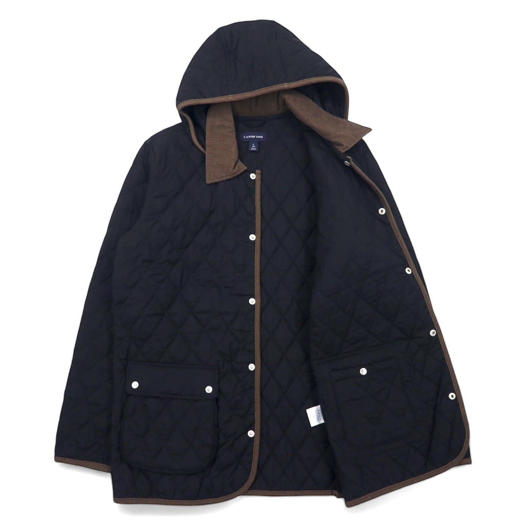 LANDS' END quilted jacket L black polyester detachable hood corduroy collar
