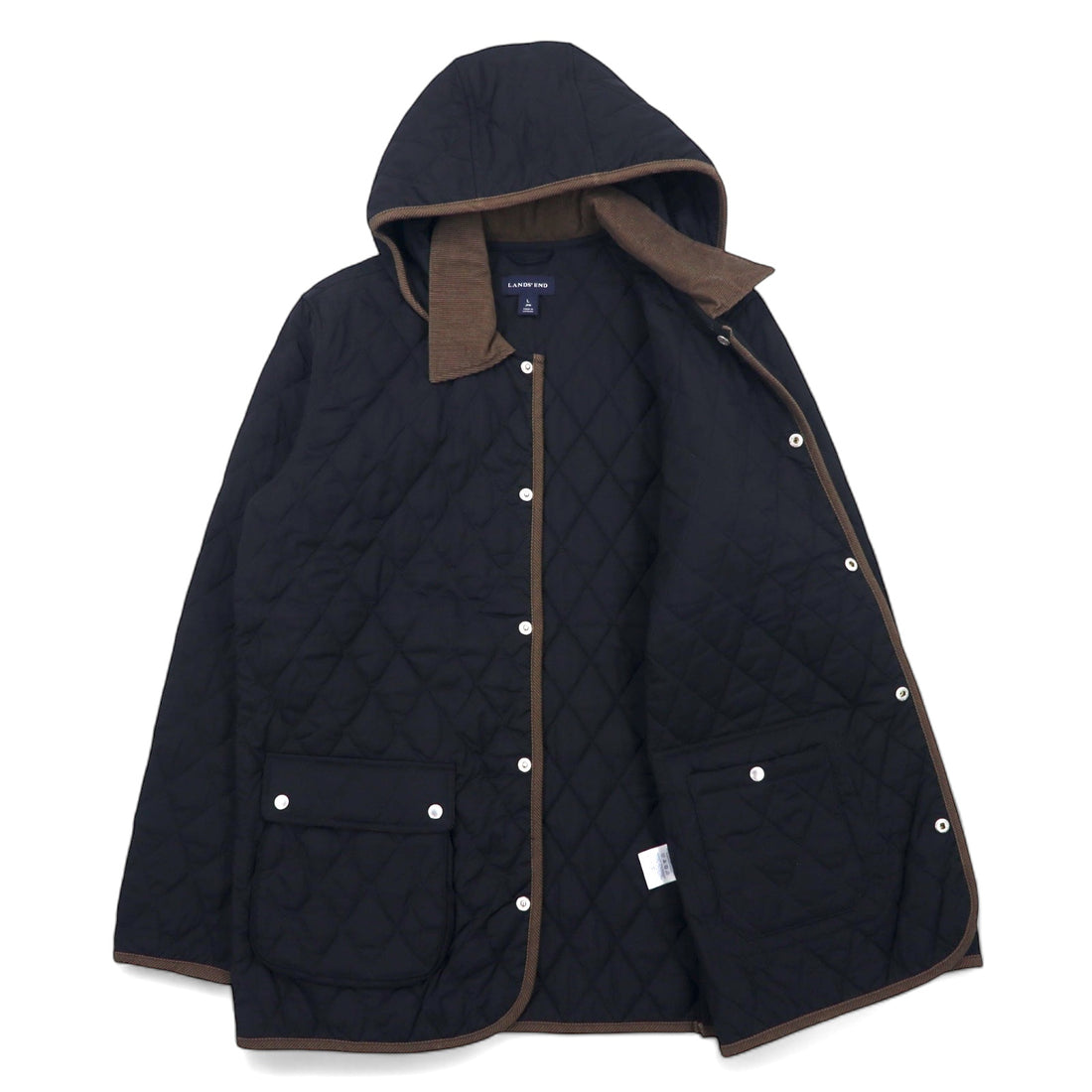 LANDS' END quilted jacket L black polyester detachable hood corduroy collar