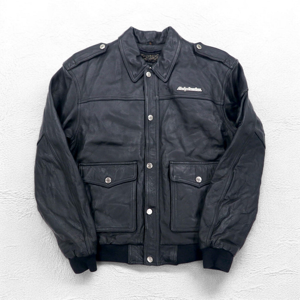 HARLEY DAVIDSON A-2 Leather Flight Bomber Jacket, Military Riders, L, Black, Grained Leather, Removable Liner, Epaulettes