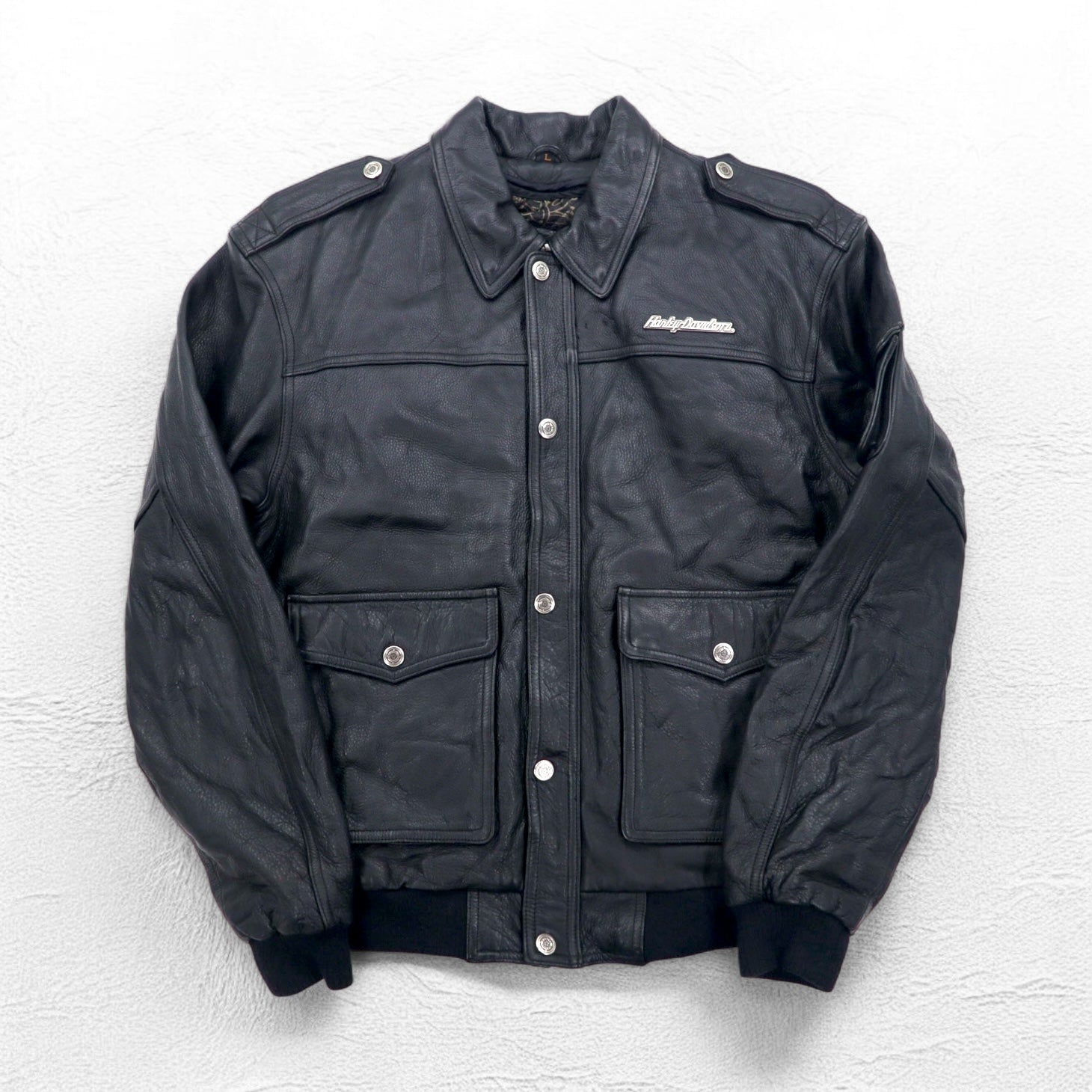 HARLEY DAVIDSON A-2 Leather Flight Bomber Jacket, Military Riders, L, Black, Grained Leather, Removable Liner, Epaulettes
