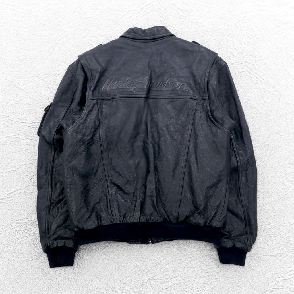 HARLEY DAVIDSON A-2 Leather Flight Bomber Jacket, Military Riders, L, Black, Grained Leather, Removable Liner, Epaulettes