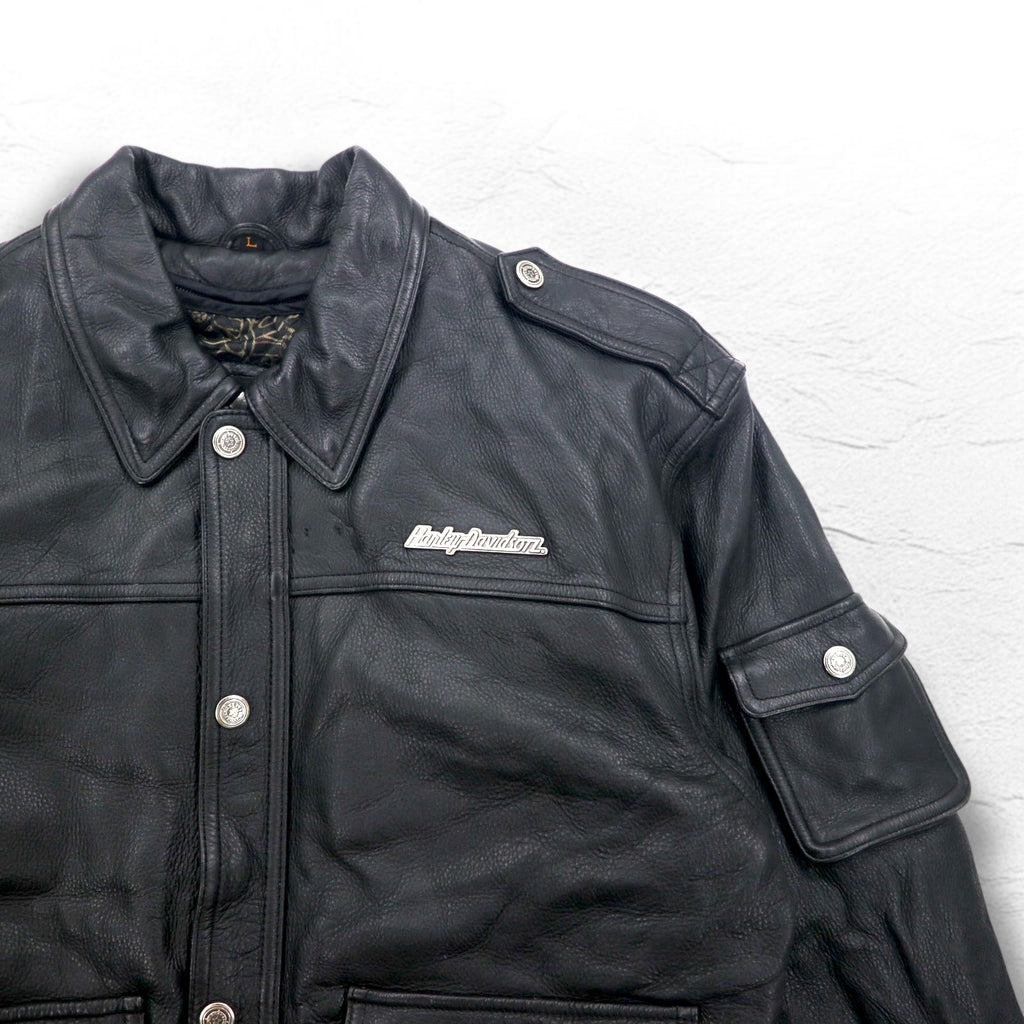 HARLEY DAVIDSON A-2 Leather Flight Bomber Jacket, Military Riders, L, Black, Grained Leather, Removable Liner, Epaulettes