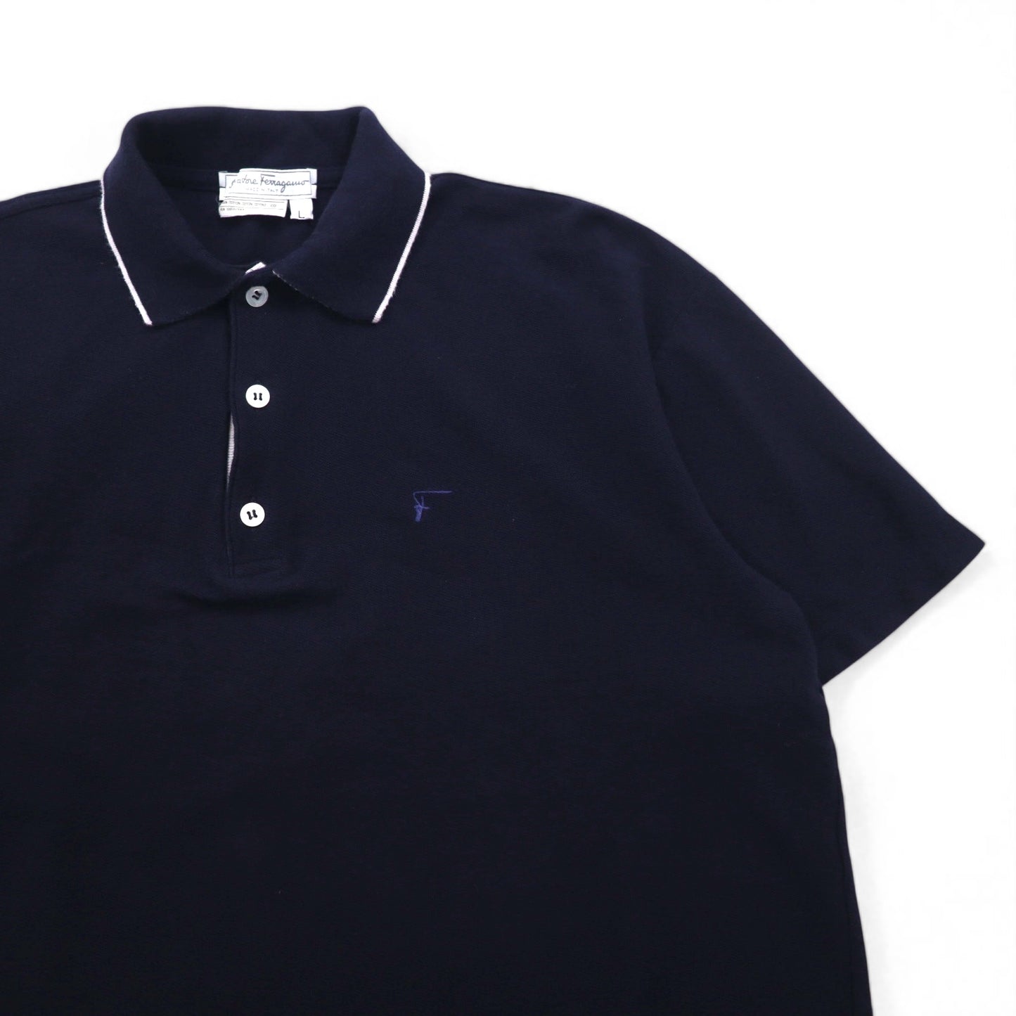 Salvatore Ferragamo イタリア製 ワイドシルエット ポロシャツ L ネイビー コットン ワンポイントロゴ刺繍