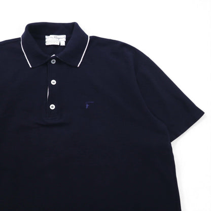 Salvatore Ferragamo イタリア製 ワイドシルエット ポロシャツ L ネイビー コットン ワンポイントロゴ刺繍
