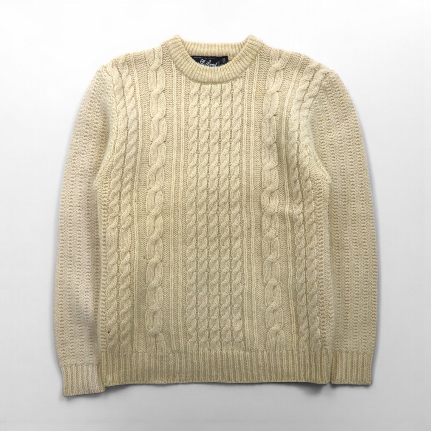80s Vintage Shetland Wool Fisherman Sweater, Aran Knit, Size L, Off-White, Wool
