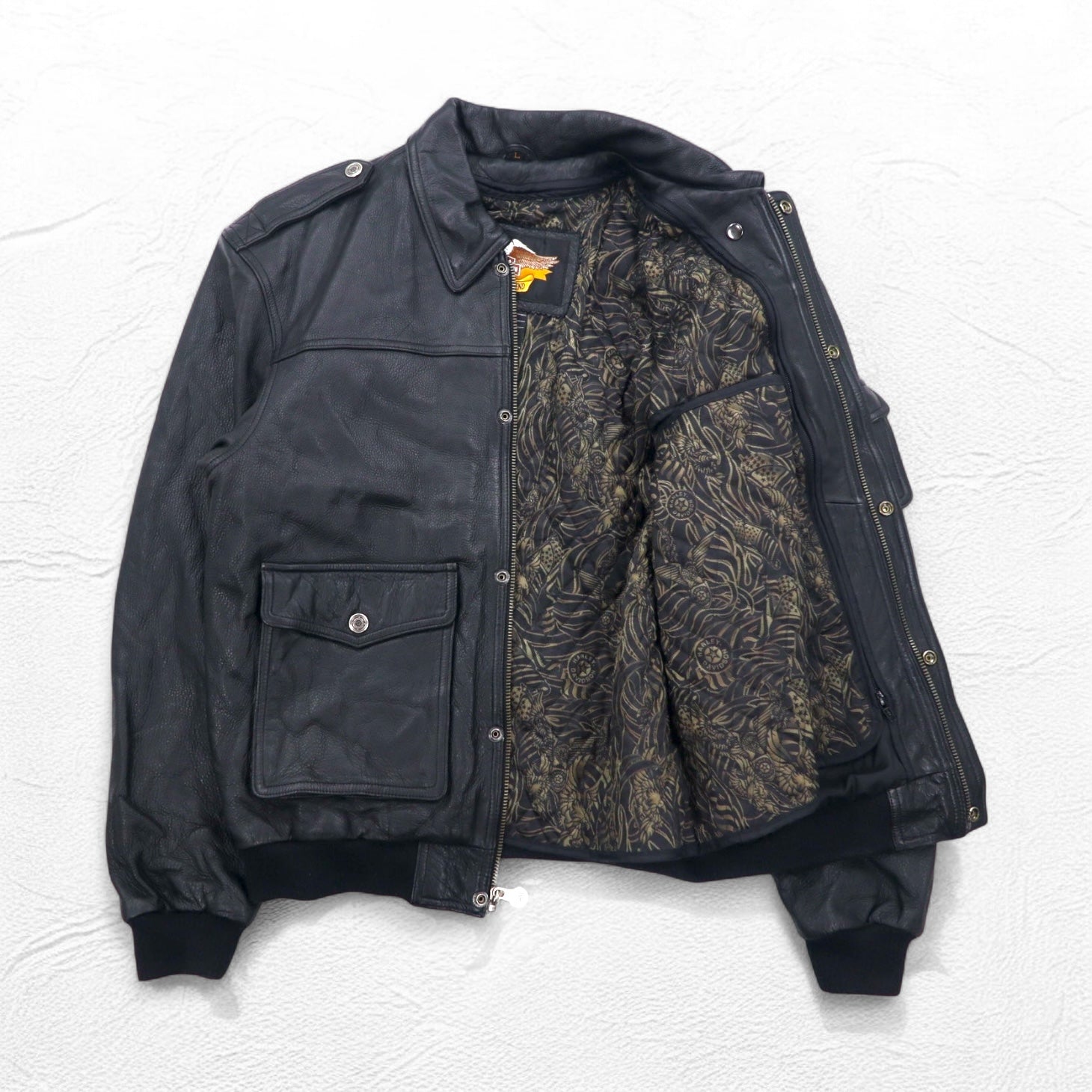 HARLEY DAVIDSON A-2 Leather Flight Bomber Jacket, Military Riders, L, Black, Grained Leather, Removable Liner, Epaulettes