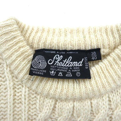 80s Vintage Shetland Wool Fisherman Sweater, Aran Knit, Size L, Off-White, Wool