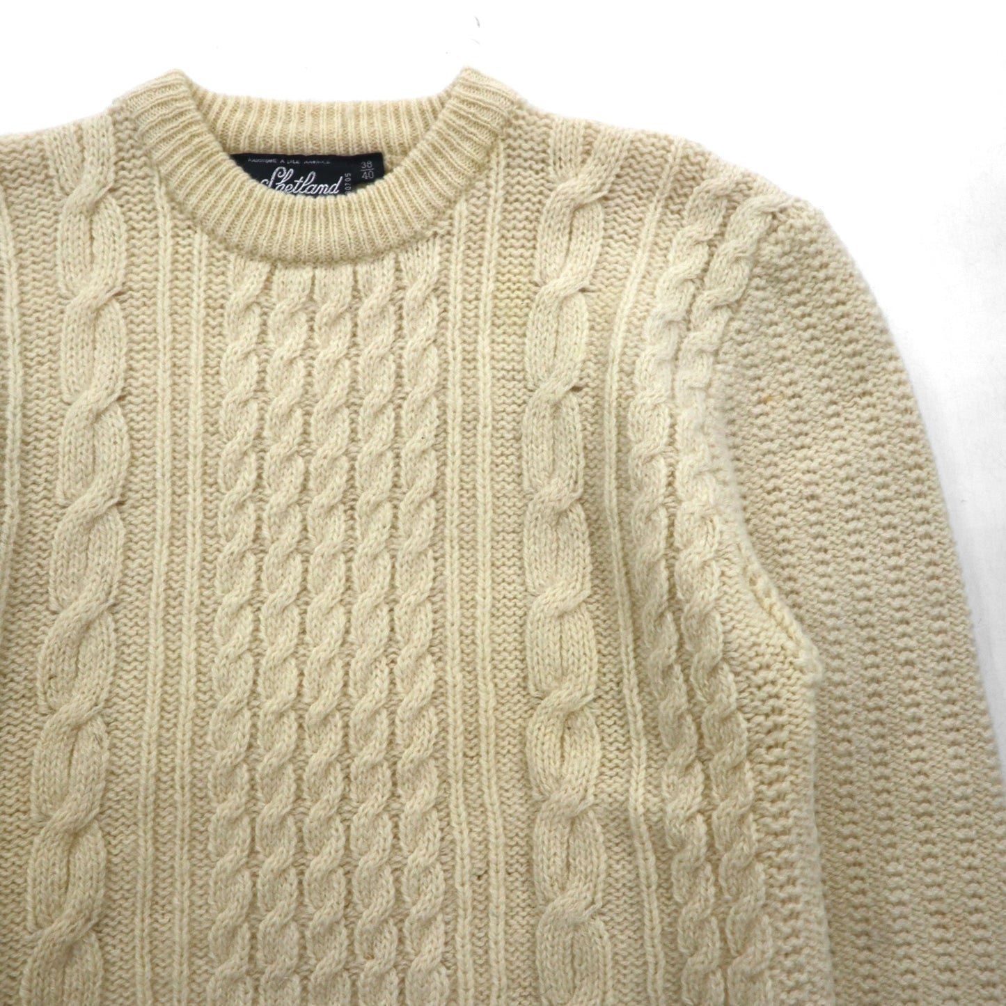 80s Vintage Shetland Wool Fisherman Sweater, Aran Knit, Size L, Off-White, Wool
