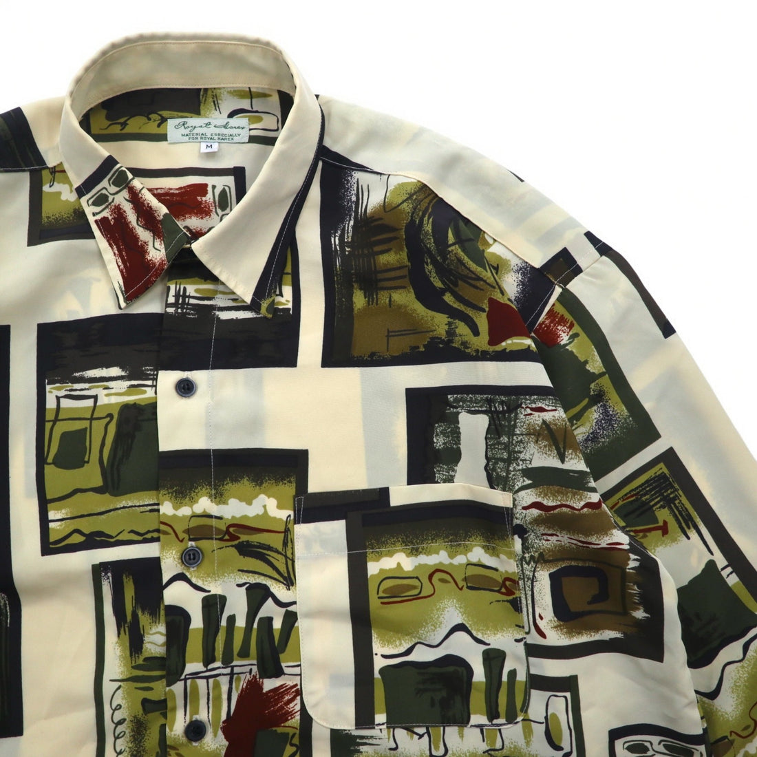 Vintage 90s Retro Shirt Royal Honey Poly Shirt M Beige All-over Pattern Art Polyester
