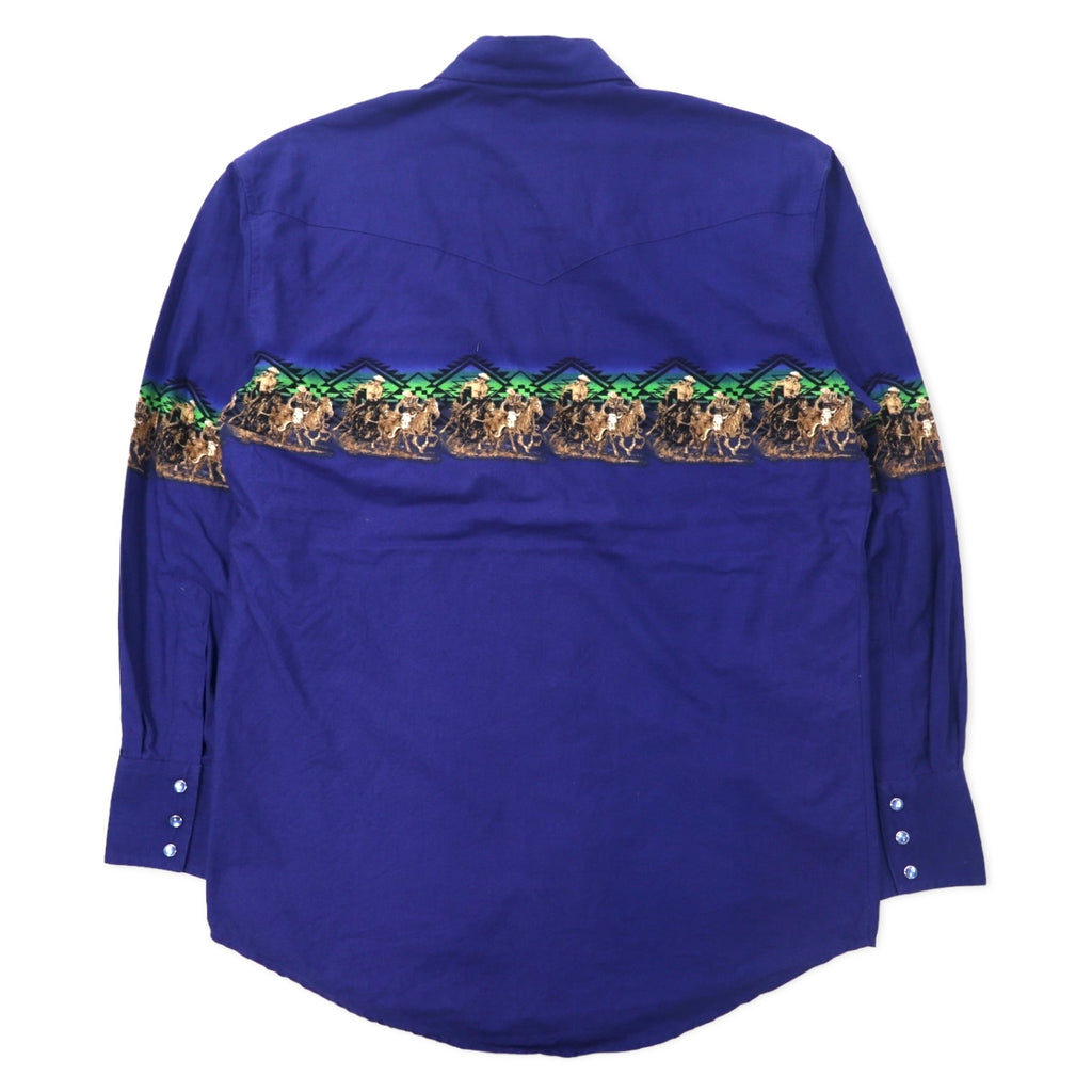Wrangler 80s Western Shirt, Large, Blue, Cotton, Chimayo, Cowboy