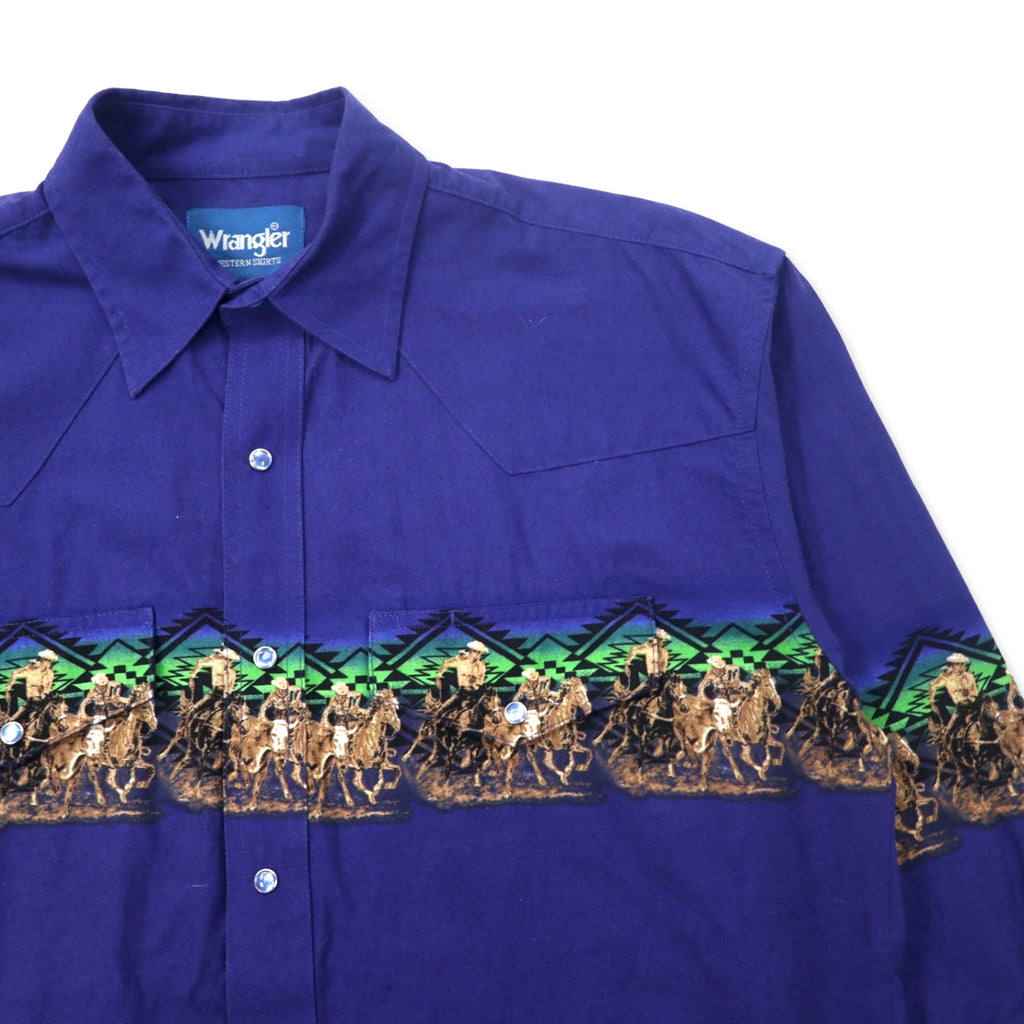 Wrangler 80s Western Shirt, Large, Blue, Cotton, Chimayo, Cowboy