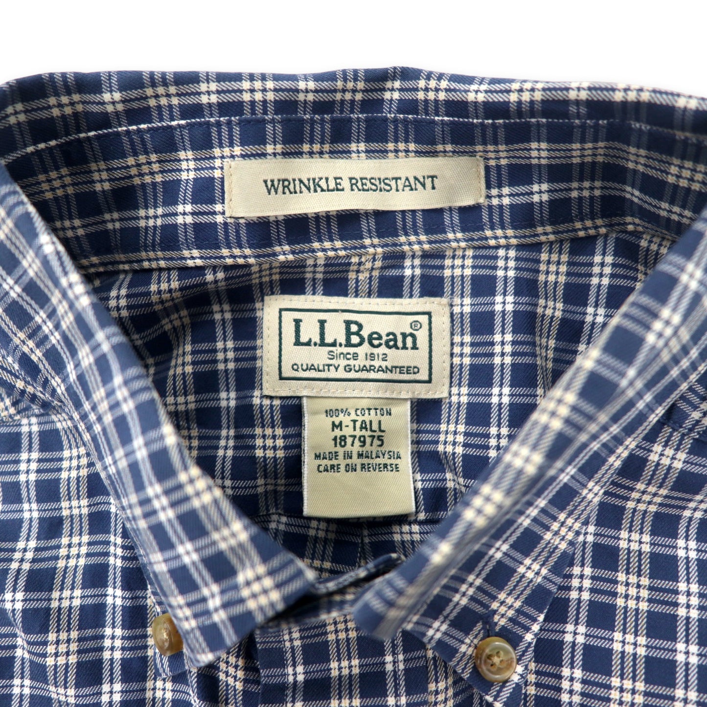 L.L.Bean ボタンダウンシャツ M ブルー チェック コットン WRINKLE RESISTANT