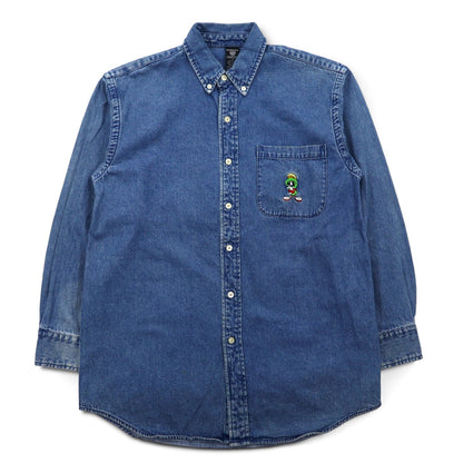 WARNER BROS. 90s Big Size Denim Button Down Shirt S Blue LOONEY TUNES Character Embroidery
