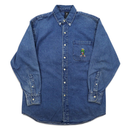 WARNER BROS. 90s Big Size Denim Button Down Shirt S Blue LOONEY TUNES Character Embroidery