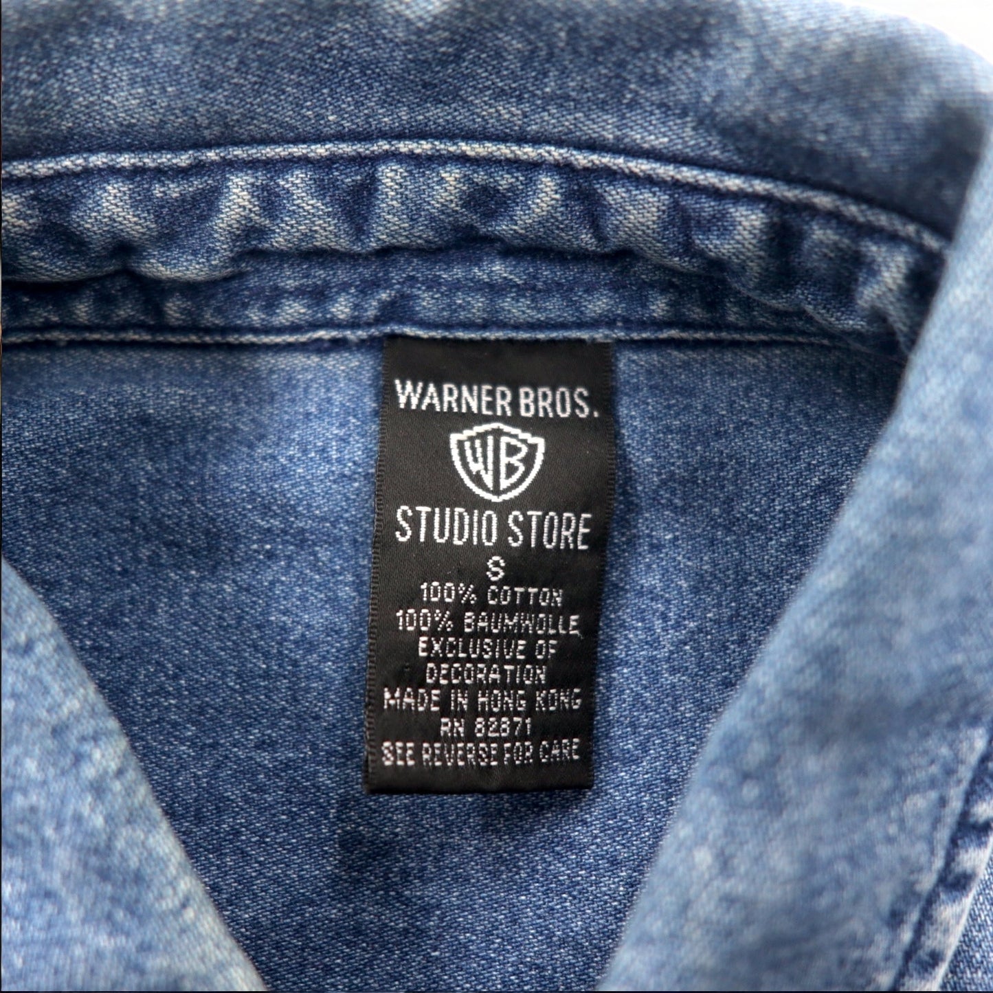 WARNER BROS. 90s Big Size Denim Button Down Shirt S Blue LOONEY TUNES Character Embroidery