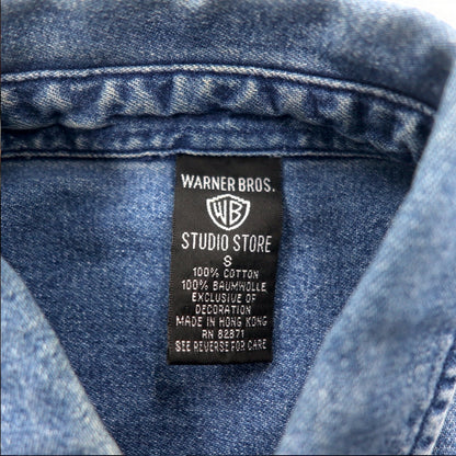 WARNER BROS. 90s Big Size Denim Button Down Shirt S Blue LOONEY TUNES Character Embroidery