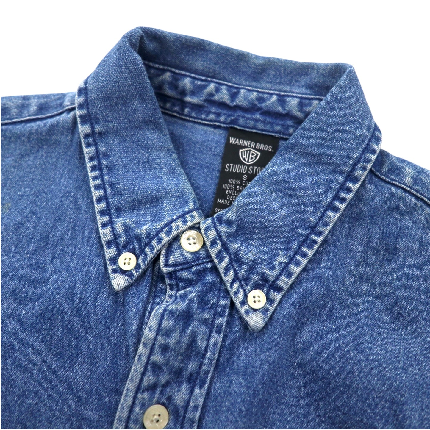 WARNER BROS. 90s Big Size Denim Button Down Shirt S Blue LOONEY TUNES Character Embroidery