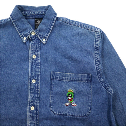 WARNER BROS. 90s Big Size Denim Button Down Shirt S Blue LOONEY TUNES Character Embroidery