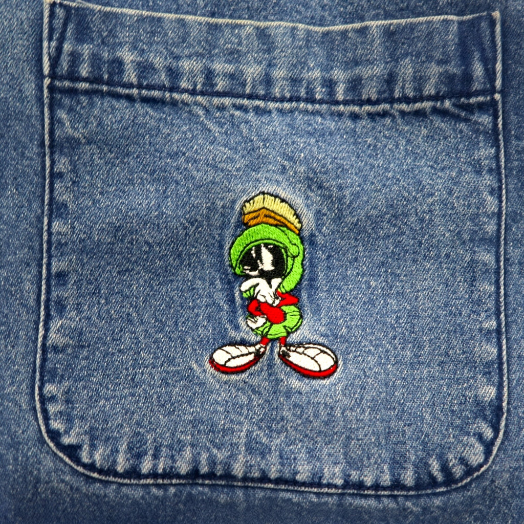 WARNER BROS. 90s Big Size Denim Button Down Shirt S Blue LOONEY TUNES Character Embroidery