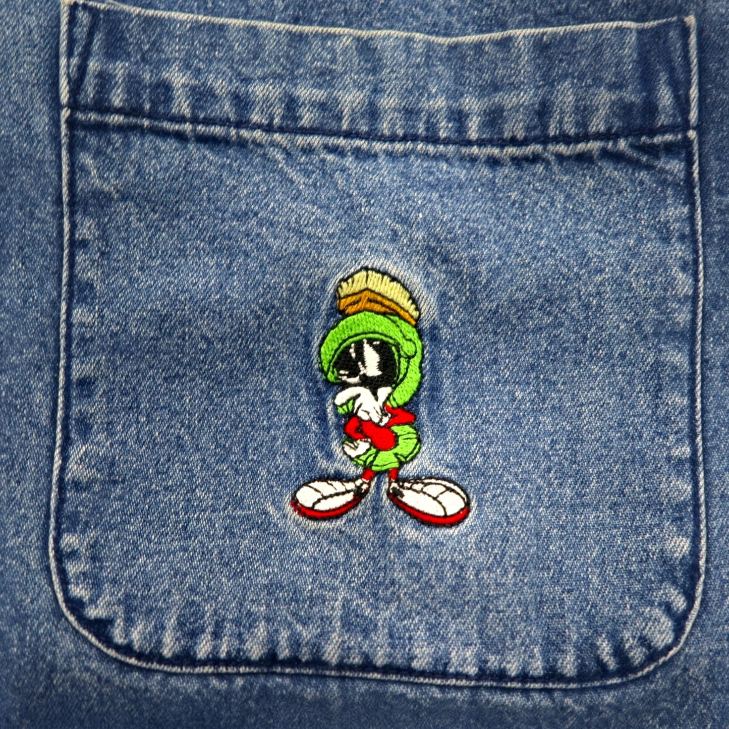 WARNER BROS. 90s Big Size Denim Button Down Shirt S Blue LOONEY TUNES Character Embroidery