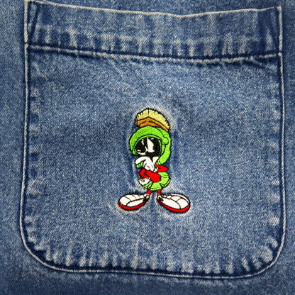 WARNER BROS. 90s Big Size Denim Button Down Shirt S Blue LOONEY TUNES Character Embroidery