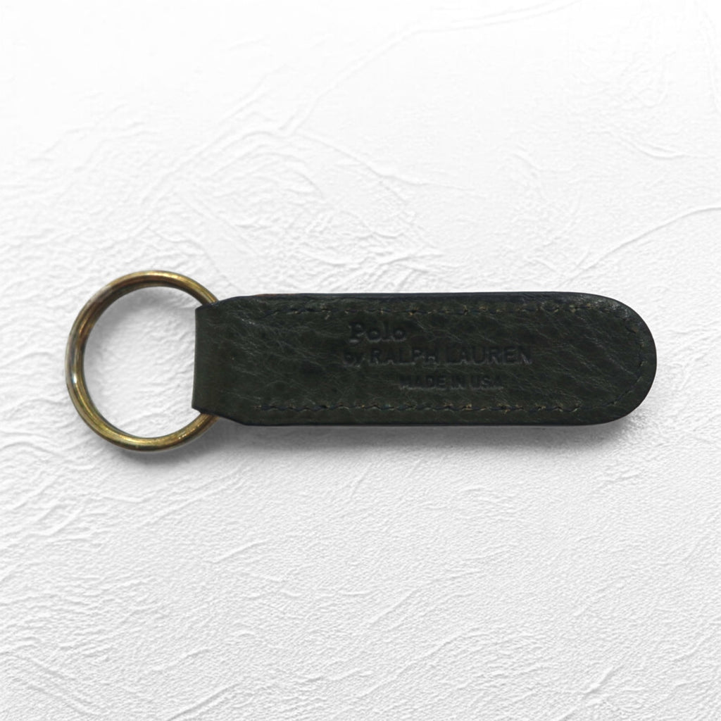 RALPH LAUREN Made in USA Leather Key Ring Key Holder Khaki Metal Plate Unused