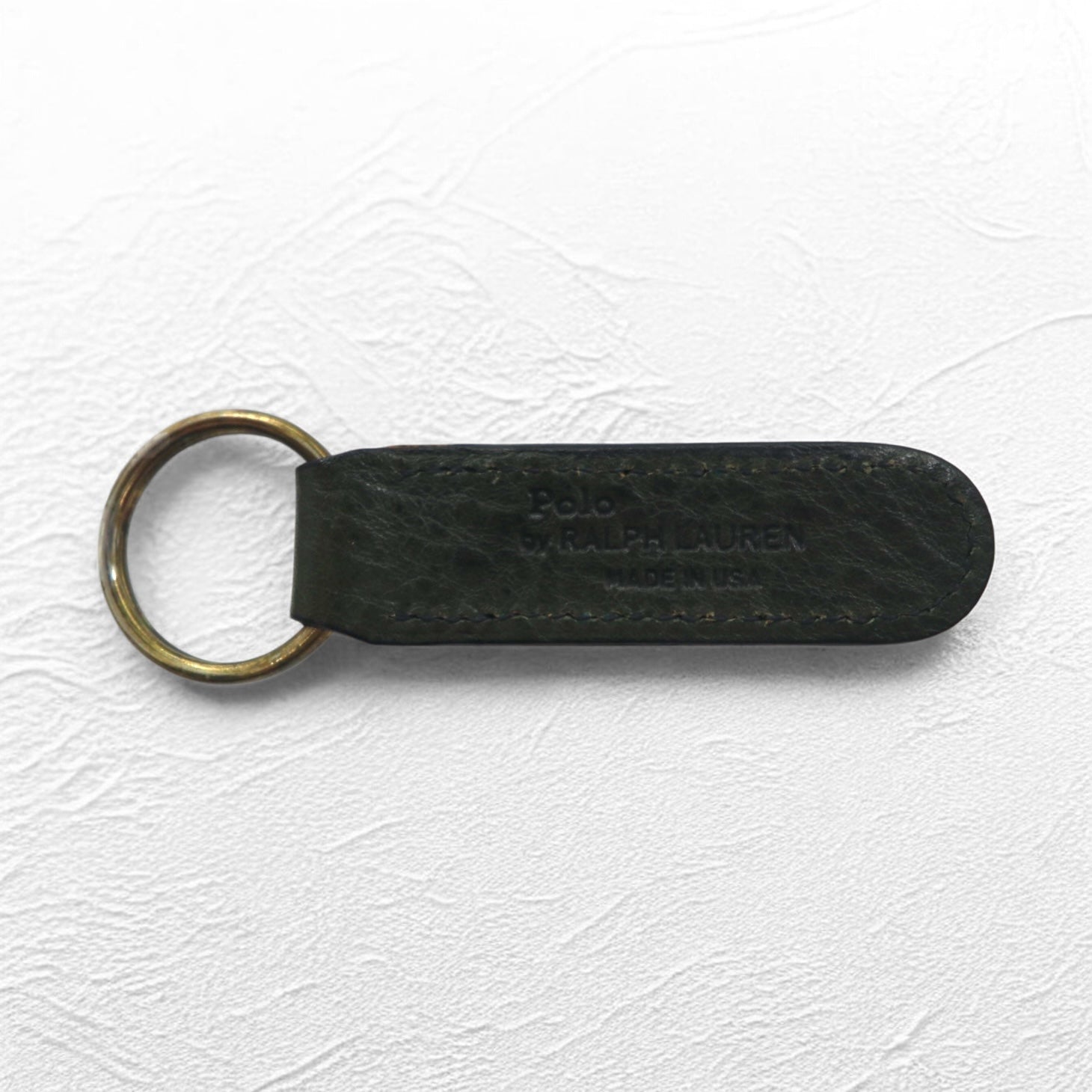 RALPH LAUREN Made in USA Leather Key Ring Key Holder Khaki Metal Plate Unused