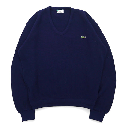 IZOD LACOSTE 70年代 糸巻きタグ Vネック アクリルニット セーター L ネイビー ワンポイントロゴ