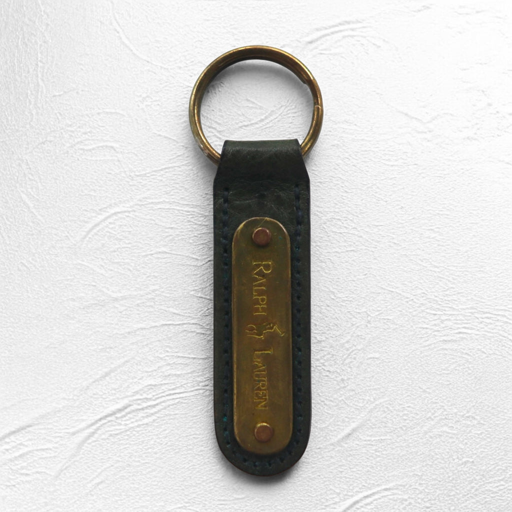 RALPH LAUREN Made in USA Leather Key Ring Key Holder Khaki Metal Plate Unused