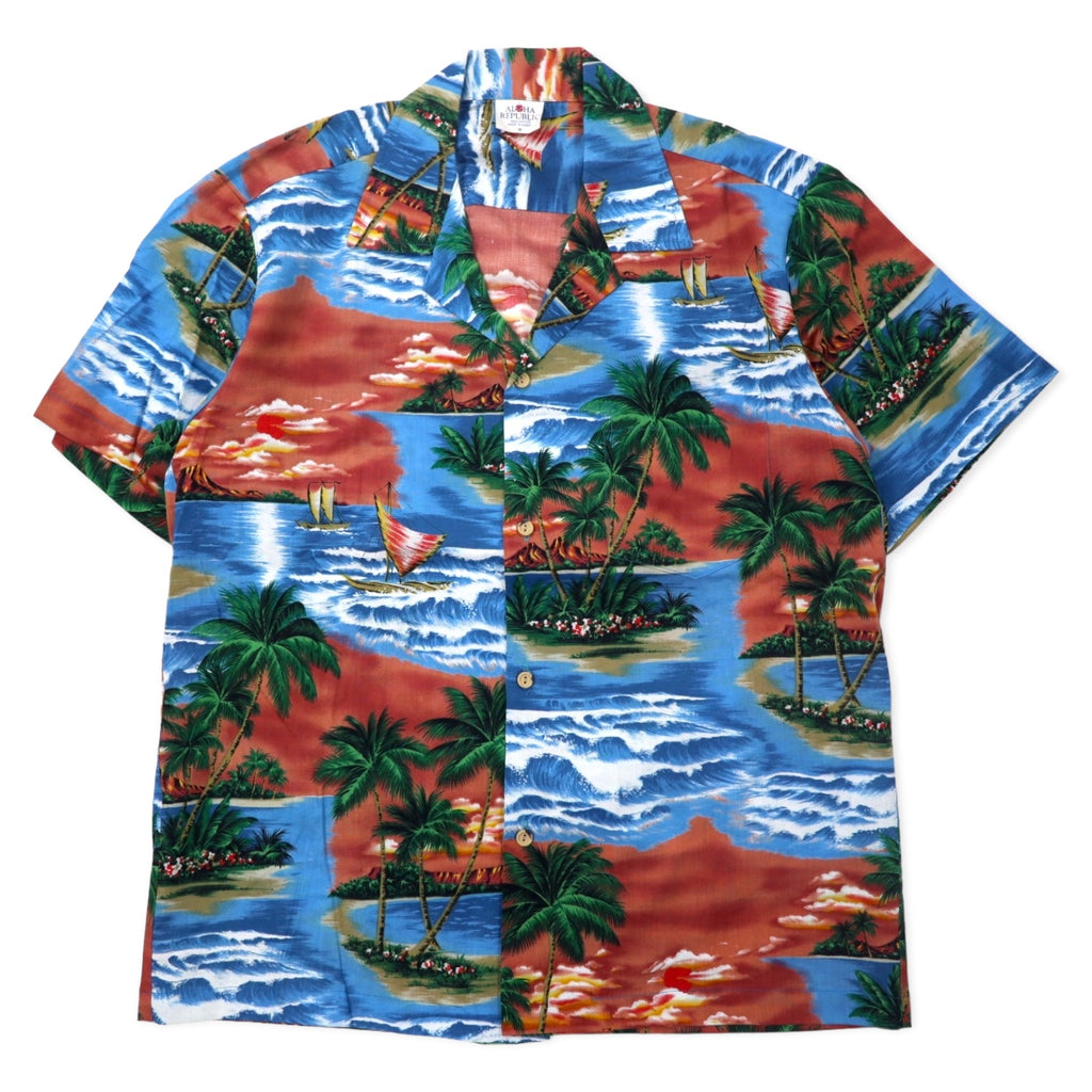 日本然リトテ-古着オンライン-ALOHA REPUBLIC アロハシャツ 開襟 M ブルー コットン ビーチ 総柄 ハワイ(USA)製-ALOHA REPUBLIC Hawaiian Shirt Open Collar M Blue Cotton Beach patterned Hawaii (USA) Made