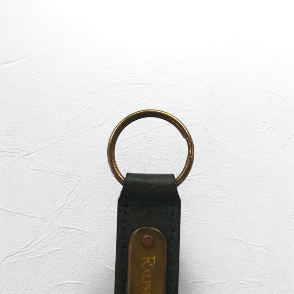 RALPH LAUREN Made in USA Leather Key Ring Key Holder Khaki Metal Plate Unused