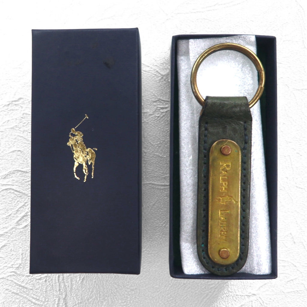 RALPH LAUREN Made in USA Leather Key Ring Key Holder Khaki Metal Plate Unused