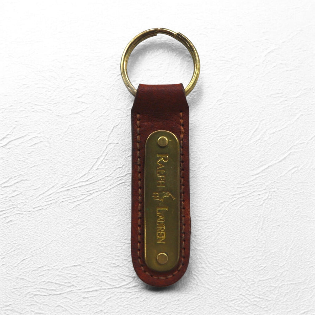 RALPH LAUREN USA made leather key ring key holder brown metal plate unused