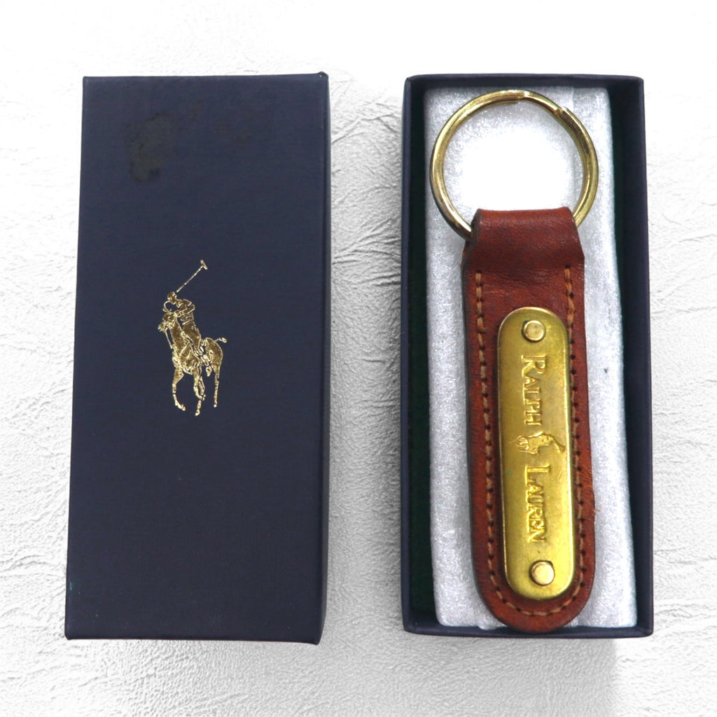RALPH LAUREN USA made leather key ring key holder brown metal plate unused