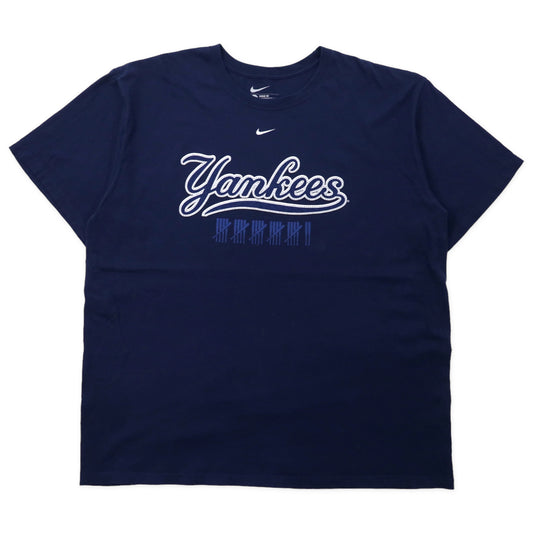 日本然リトテ-古着オンライン-NIKE MLB ルーズフィット ベースボール プリントTシャツ XXL ネイビー コットン Yankees ヤンキース 両面 センタースウォッシュロゴ ビッグサイズ-