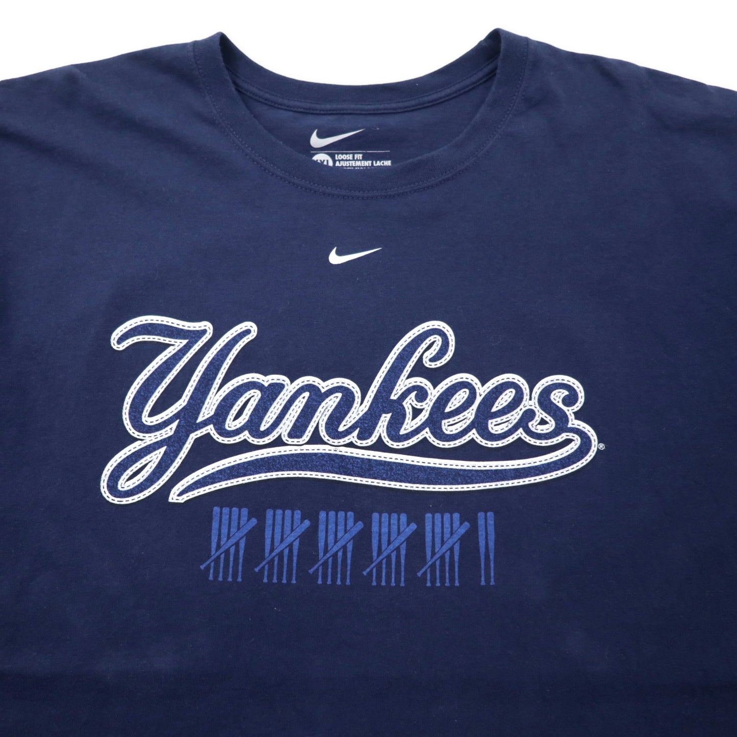 NIKE MLB ルーズフィット ベースボール プリントTシャツ XXL ネイビー コットン Yankees ヤンキース 両面 センタースウォッシュロゴ ビッグサイズ