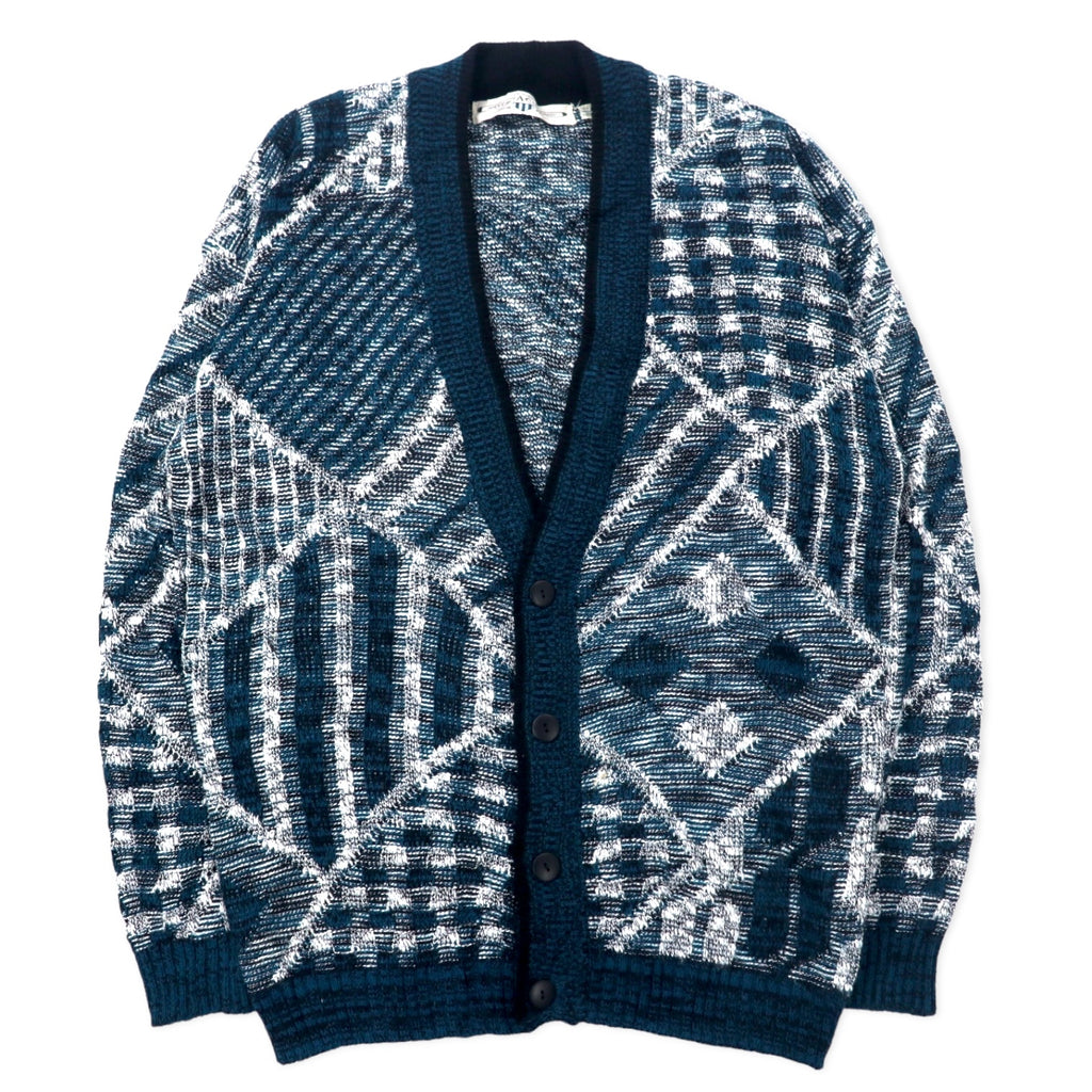 日本然リトテ-古着オンライン-AMERICAN CRUSADER 90年代 ジャガード ニット カーディガン XL ネイビー 総柄 アクリル-AMERICAN CRUSADER 90's Jacquard Knit Cardigan XL Navy Patterned Acrylic