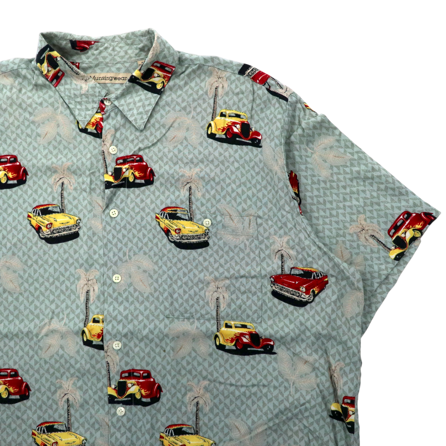 Retro Car Aloha Shirt アロハシャツ XL シルバー レーヨン 総柄  レトロ クラシックカー Munsingwear 90年代