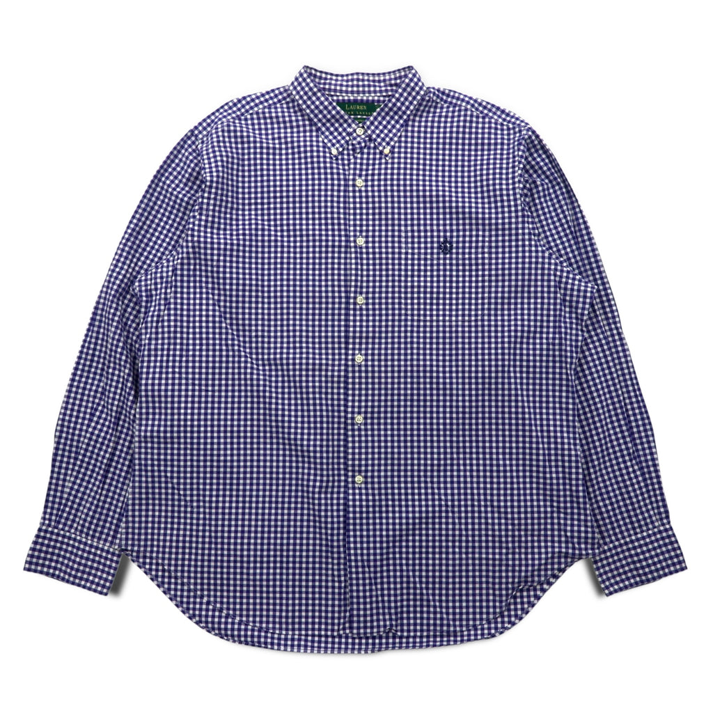 LAUREN RALPH LAUREN 90s Gingham Check Button Down Shirt XL Blue Big Size Made in Sri Lanka