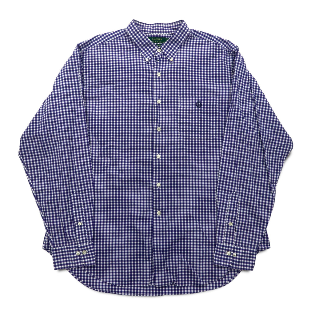 LAUREN RALPH LAUREN 90s Gingham Check Button Down Shirt XL Blue Big Size Made in Sri Lanka
