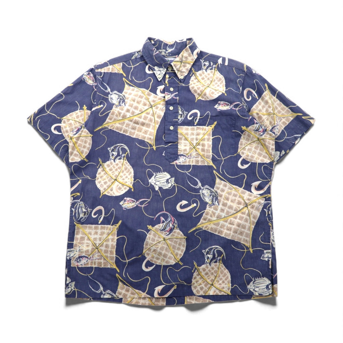 Reyn Spooner 90年代 ハワイ製 ビキニタグ プルオーバー 半袖 ボタンダウン アロハシャツ M ブルー コットン 魚モチーフ