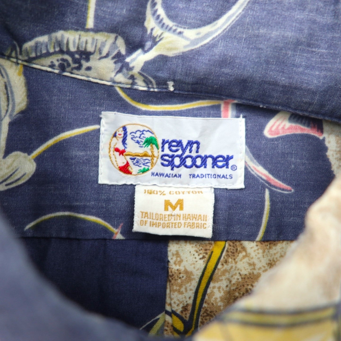 Reyn Spooner 90年代 ハワイ製 ビキニタグ プルオーバー 半袖 ボタンダウン アロハシャツ M ブルー コットン 魚モチーフ