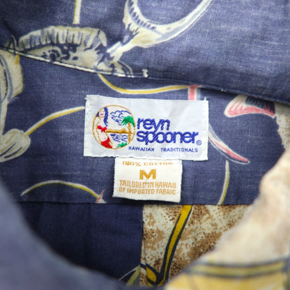 Reyn Spooner 90年代 ハワイ製 ビキニタグ プルオーバー 半袖 ボタンダウン アロハシャツ M ブルー コットン 魚モチーフ